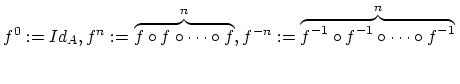 $ f^0:=Id_A, f^n:=\overbrace{f\circ f\circ \cdots \circ f}^{n},
f^{-n}:=\overbrace{f^{-1}\circ f^{-1}\circ \cdots \circ f^{-1}}^n\strut$